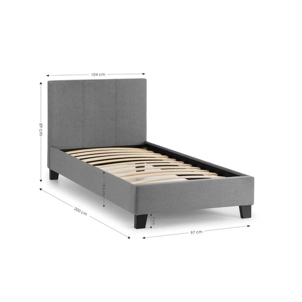 Gray upholstered bed with dimensions on a white background