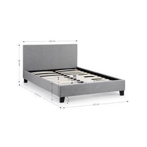 Gray upholstered bed with dimensions labeled on a white background
