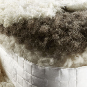 Two people surrounded by a large amount of fluffy white and gray bed fillings, such as mohair, cotton, lambswool on a white background.