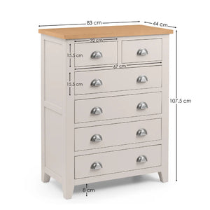 White dresser with wooden top and dimensions labeled