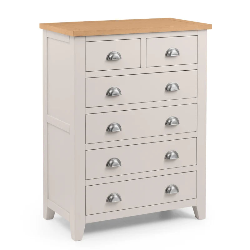 grey dresser with wooden top and silver handles on a white background