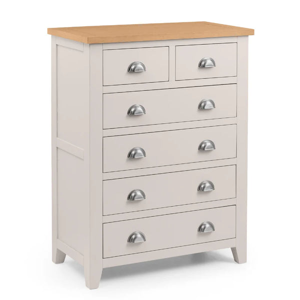 grey dresser with wooden top and silver handles on a white background