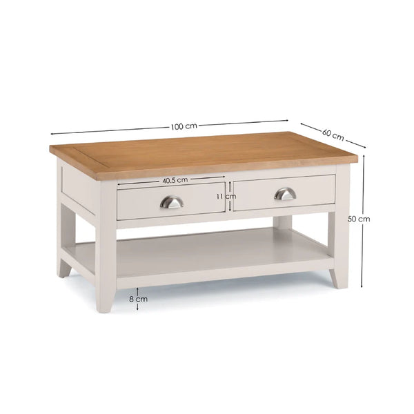 Coffee table with dimensions on a white background
