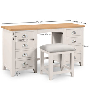 Wooden desk with measurements on a white background