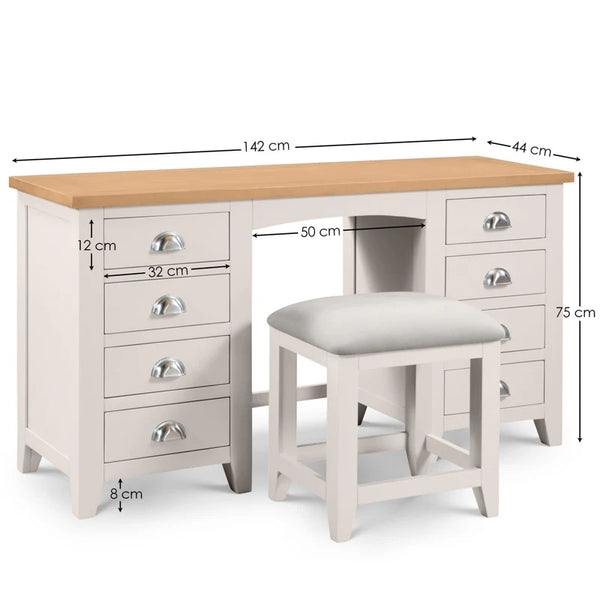 Wooden desk with measurements on a white background