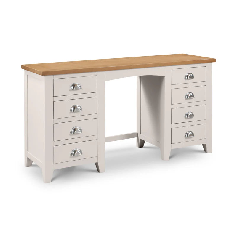 Wooden desk with white base and drawers on a white background