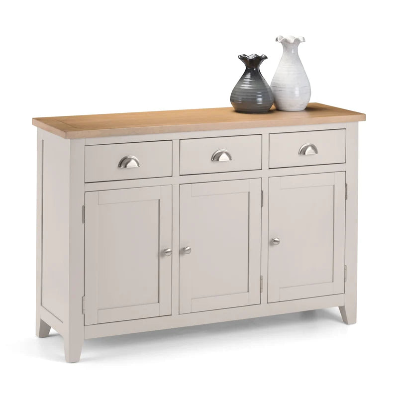 Light gray sideboard with wooden top on a white background