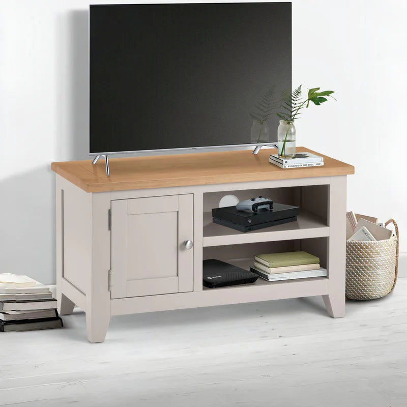 Wooden TV stand with a light gray base and a wooden top on a white background
