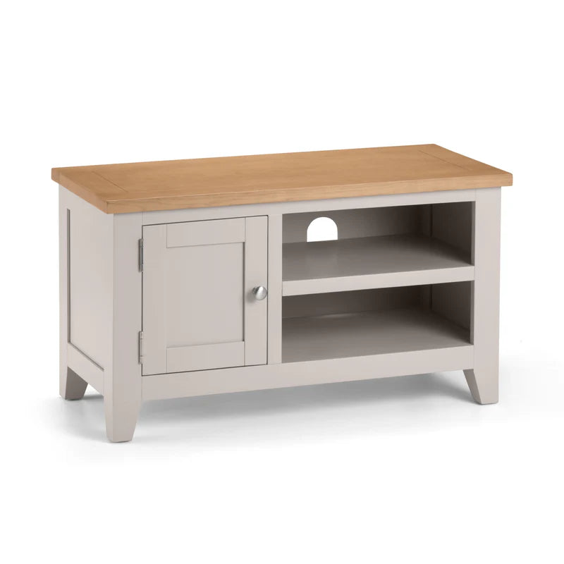 Wooden TV stand with a light gray base and a wooden top on a white background