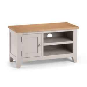 Wooden TV stand with a light gray base and a wooden top on a white background