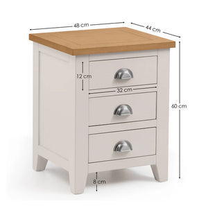 Bedside table with dimensions labeled on a white background