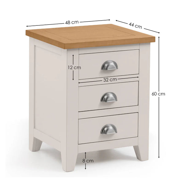 Bedside table with dimensions labeled on a white background