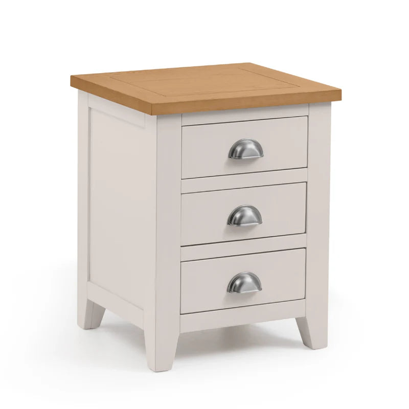 3 drawer grey bedside cabinet with oak top and silver cup handles n a white background