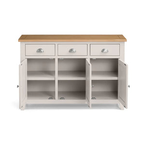Gray sideboard with wooden top on a white background
