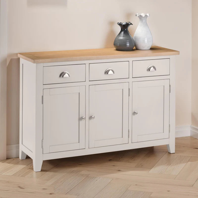 Light gray sideboard with wooden top on a white background