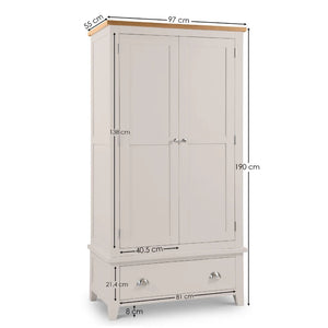 Gray wardrobe with dimensions indicated on a white background