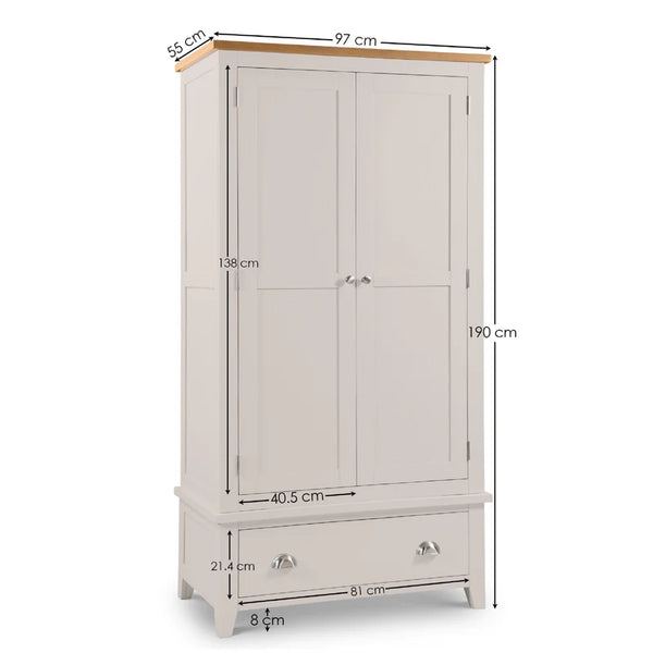 Gray wardrobe with dimensions indicated on a white background