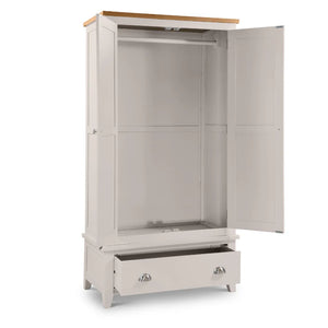 grey wardrobe on white background with open doors and drawers