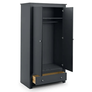 Dark gray wardrobe with open door on a white background