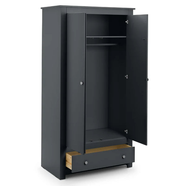 Dark gray wardrobe with open door on a white background