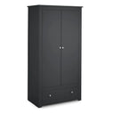 Black wardrobe with two doors and a drawer on a white background
