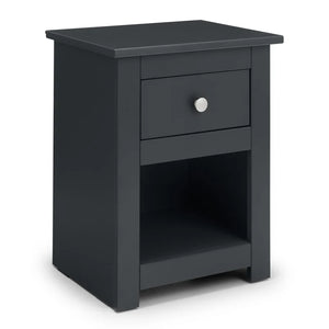 Black nightstand with a drawer on a white background