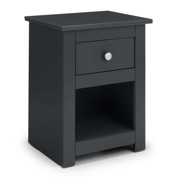 Black nightstand with a drawer on a white background
