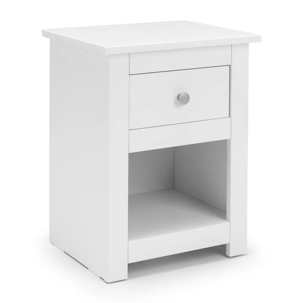 White nightstand with a drawer on a white background