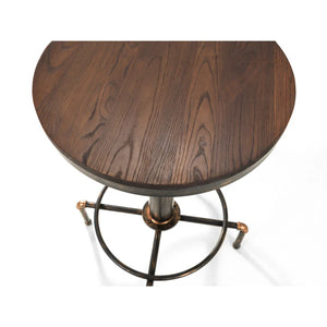 Wooden table with metal base on a white background