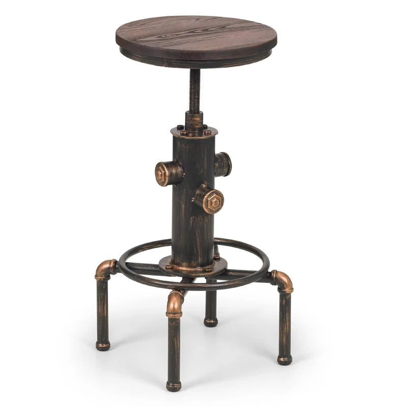 Wooden stool with industrial design featuring metal pipes on a white background
