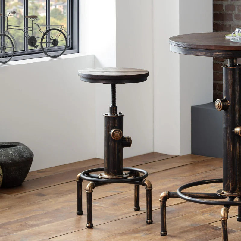 Wooden stool with industrial design featuring metal pipes on a white background