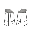 Two gray bar stools with black metal legs on a white background