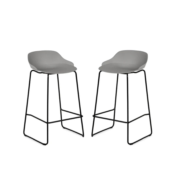 Two gray bar stools with black metal legs on a white background