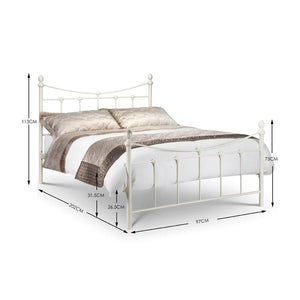 White metal bed frame with dimensions on a white background