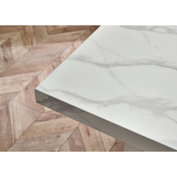 White marble countertop on a wooden floor