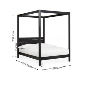 Black metal canopy bed with dimensions on a white background