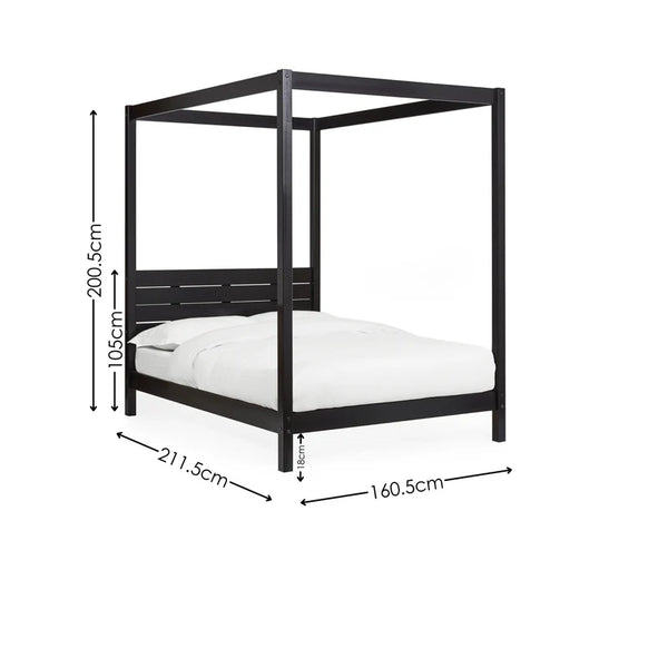 Black metal canopy bed with dimensions on a white background