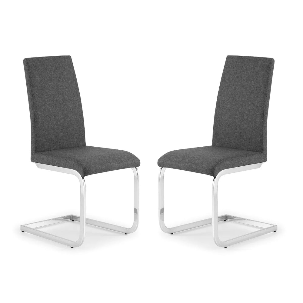 Two gray upholstered chairs with chrome frames on a white background