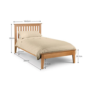 Wooden bed with dimensions labeled on a white background