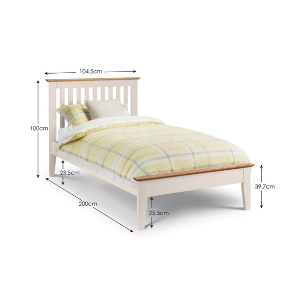 Bed with dimensions labeled on a white background