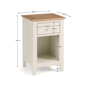 Wooden side table with dimensions labeled on a white background