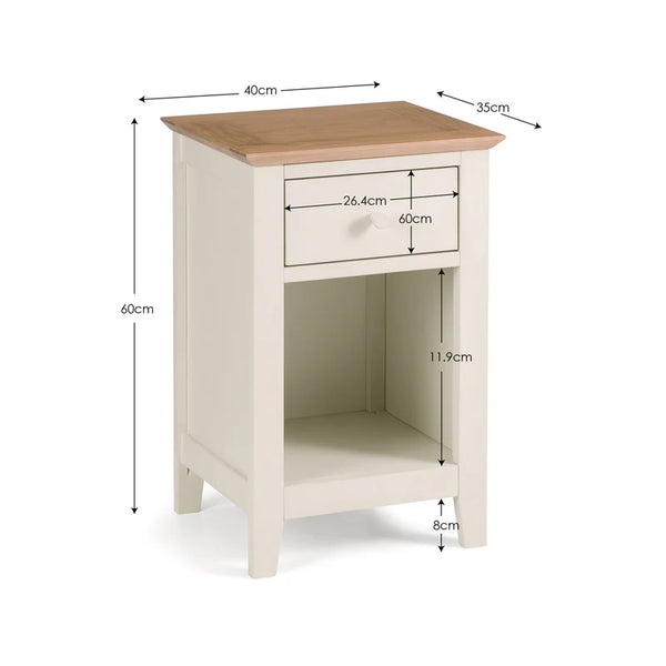 Wooden side table with dimensions labeled on a white background