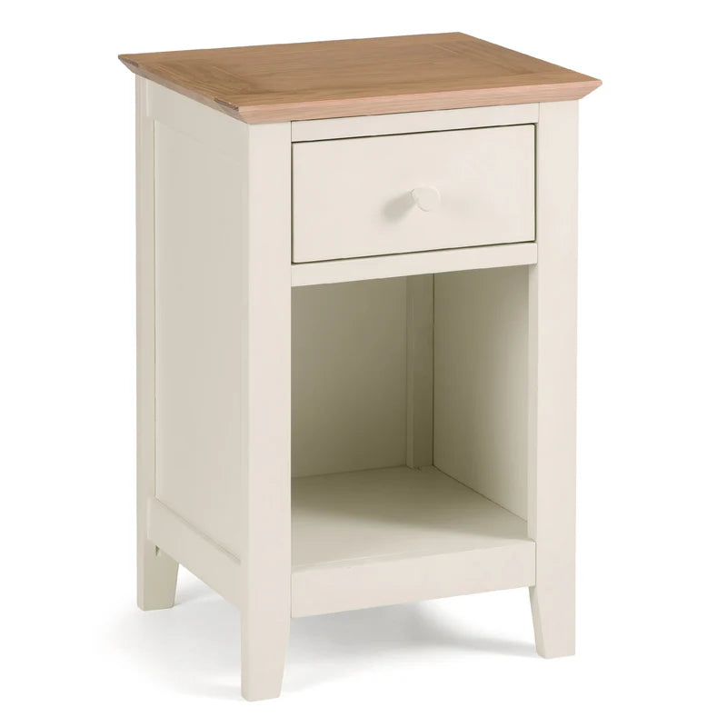 Small wooden side table with a drawer on a white background