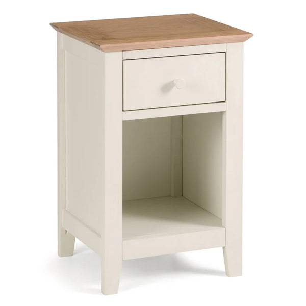 Small wooden side table with a drawer on a white background