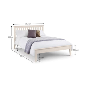 White bed with dimensions labeled on a white background