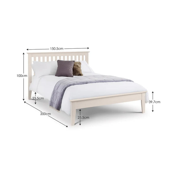 White bed with dimensions labeled on a white background