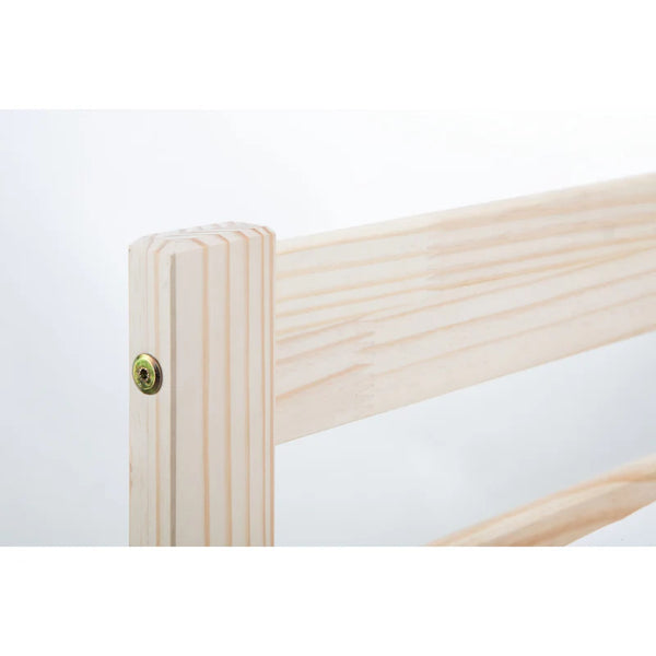 Wooden bed frame corner with a screw on a white background