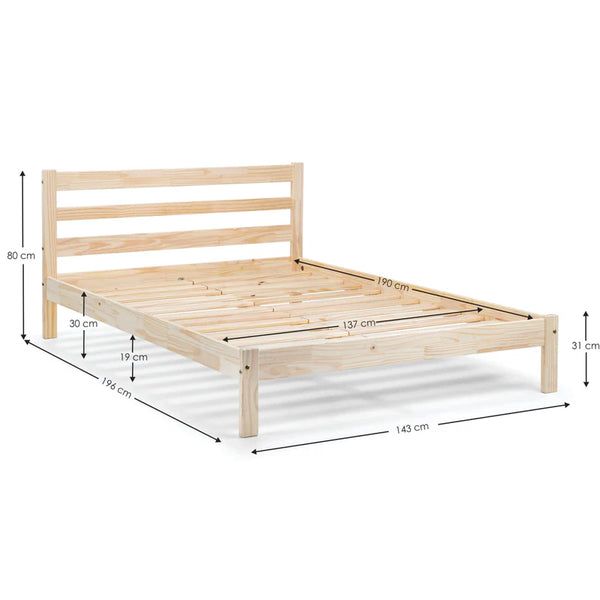 Wooden bed frame with dimensions on a white background
