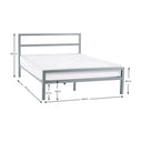 Silver metal bed frame with dimensions on a white background
