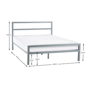 Silver metal bed frame with dimensions on a white background